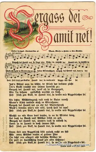  Liedkarte - Vergass dei Hamit net! 1906 Erzgebirge, Anton Günther Gottesgab:47 