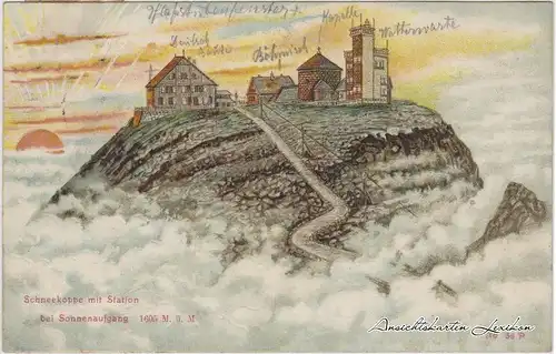 Krummhübel Präge-Ansichtskarte Sonnenaufgang Schneekoppe