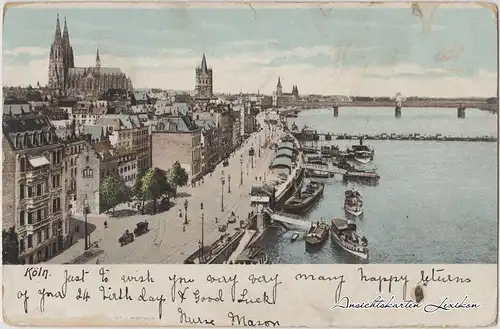 Köln Rheinpromenade mit Schiffen Ansichtskarte Anlegestelle Straßen 1914