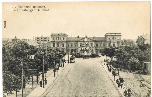 Postcard Riga Rīga Ри́га Dünaburger Bahnhof und Straßenbahn 1916