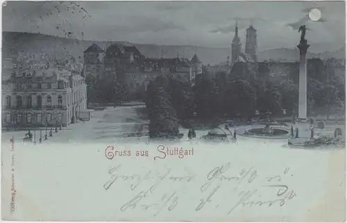 Stuttgart Mondscheinlitho - Schloß, Straße und Denkmal