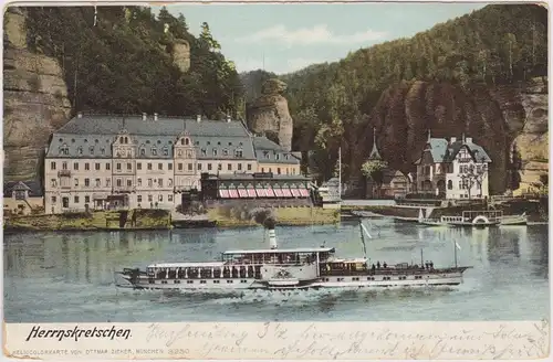 Postcard Herrnskretschen Hřensko Ansicht mit Dampfer 1907