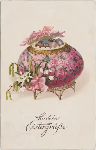 Glückwunsch: Herzliche Ostergrüße Blumenvase Präge-Goldrand Ansichtskarte 1929