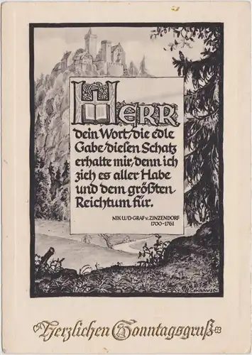 Herzlichen Sonntagsgruß - Zinzendorf Scherenschnitt Künstler Ansichtskarte 1938