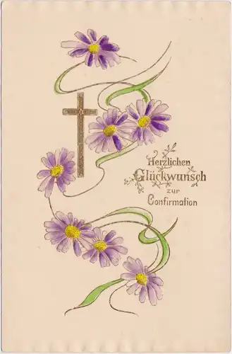  Konfirmation: Relief und Goldrand Ansichtskarte Blumen Kreuz  1914