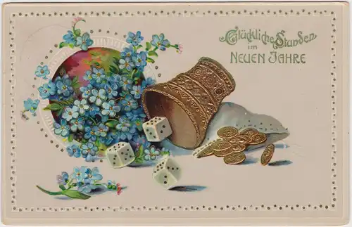  Prägekarte Neujahr - Blumen, Würfel, Münzen 1917