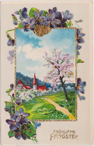  Fröhliche Ostern - Gold-Präge AK - Dorfpartie 1932