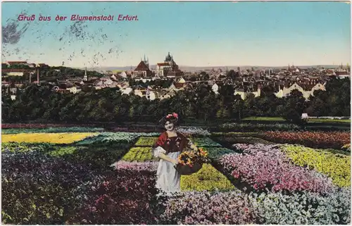 Erfurt Dame auf Blumenfeldern vor der Stadt 1913