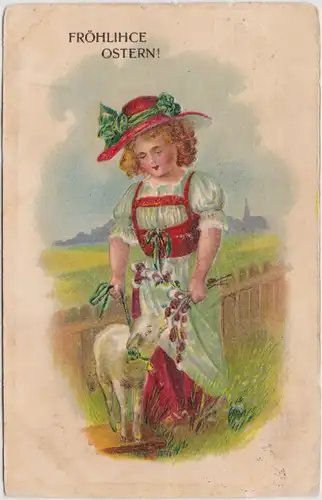 Fröhliche Ostern! Künstlerkarte, Lämmchen und Frau in Tracht 1910 Prägekarte  Stempel Chemnitz