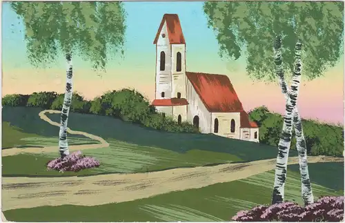  Künstlerkarte: Birken vor Kirche 1952