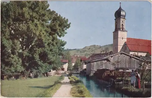 Oberammergau Blick Kirche St. Peter und Paul mit Mühlbach, Oberammegau 1930