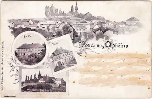 Cherschin- Chržín Mehrbild: Panorama, Schule (bei Welwarn / Velvary) 1908