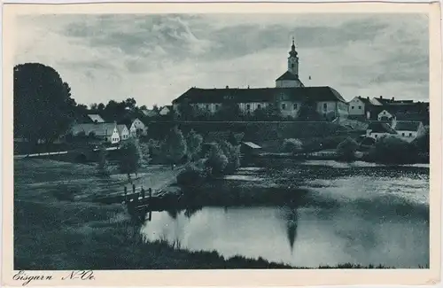 Eisgarn Panorama mit Teich und Kirche 1929