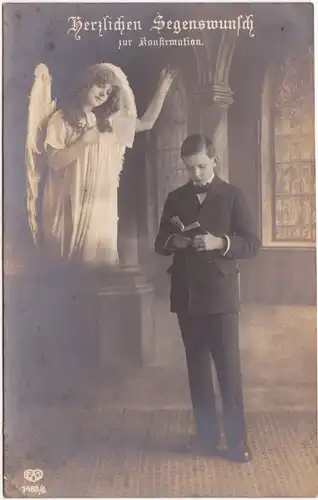 Ansichtskarte Herzlichen Segenswunsch zur Konfirmation. Engel segnet Juge 1914