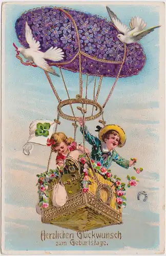 Ansichtskarte Glückwunsch Geburtstage Heißluftballon Tauben Goldrand 1913