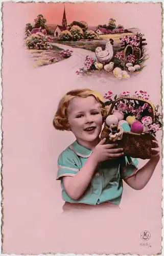 Ansichtskarte  2-Bild: Ostergrüße - Mädchen mit Korb und Dorfpanorama 1955