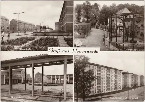 Hoyerswerda 4-Bild: Neustadt mit Hochhäusern, Magistrale und Tiergehege