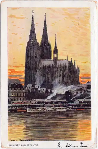 Köln Dom und Dampfer (Künstlerkarte sign. Kurt Schulte)