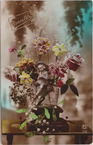  Geburtstagskarte "Bonne Fete" Blumenstrauß 1938