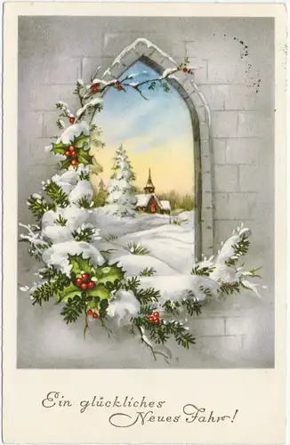  Neujahrsgrüße: Blick aus dem Turmfenster auf Winterlandschaft