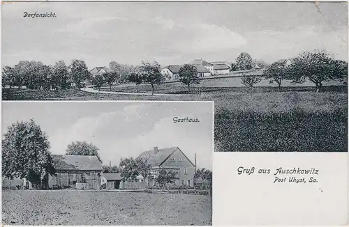 Auschkowitz-Burkau (Oberlausitz) Wučkecy Porchow Panorama und Gasthaus 1913