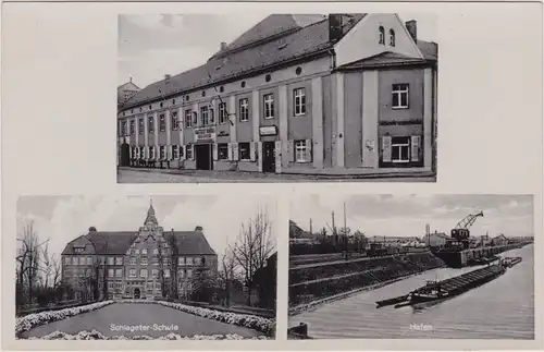 Ansichtskarte Gröba-Riesa 3-Bild: Schlageter-Schule, Hafen 1934