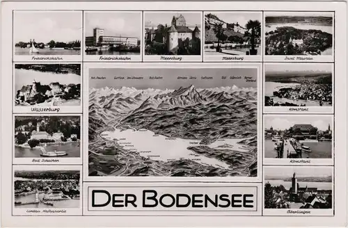 Meersburg Mehrbildkarte mit Landkarte vom Bodensee mit u.a. Friedrichshafen, Meersburg, Konstanz