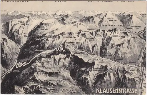 Graubünden - Allgemein Graubündener Berge - Klausenstraße Landkarte 1913