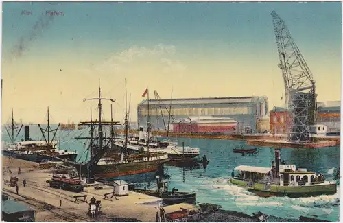 Kiel Partie am Hafen - Verladekran und Speicher 1913