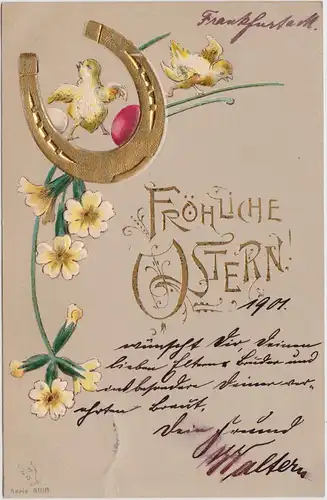 FRÖHLICHE OSTERN! Kücken goldenes Hufeisen Glück 1901 Goldrand