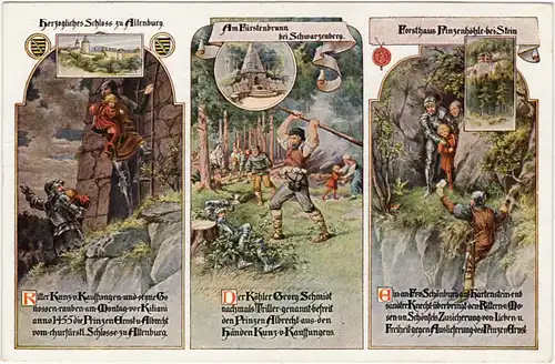Hartenstein (Sachsen) 3-Bild-Künstlerkarte: Raub der Prinzen Ernst u. Albrecht (1455) u. deren 