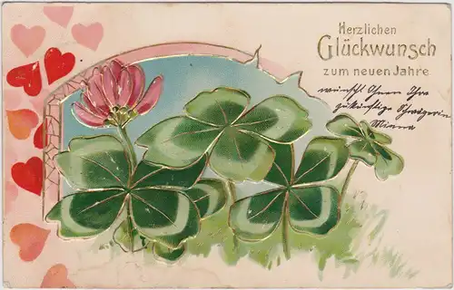  Neujahr - Herzen, Glücksklee - Prägekarte - Goldrelief 1905