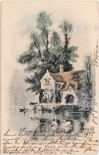  Schwäne vor Haus - Künstlerkarte 1904