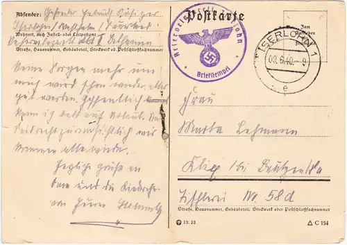  Karte mit Absenderangaben und Briefstempel 1940