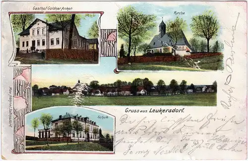 Leukersdorf-Jahnsdorf (Erzgebirge) 4 Bild: Gasthof, Schule, Kirche und Panorama 1913