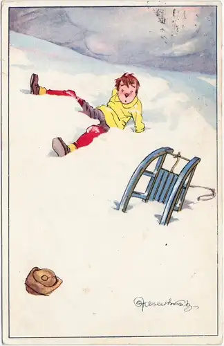  JUnge beim Schlittenfahren - signierte Künstlerkarte 1929