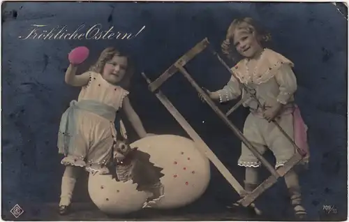 Fröhliche Ostern! Kinder zersägen Osterei & befreien Hasen 1913 Stempel Lübow