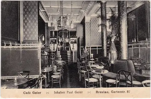 Breslau Wrocław Cafe Geier . Saaal  - Gartenstrasse 1917