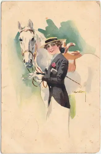  Reiterin mit Pferd - Künstlerkarte 1916