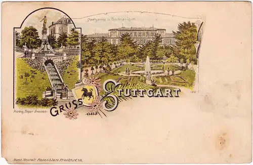 Stuttgart 2 Bild Litho: Polytechnikum und Brunnen 1906