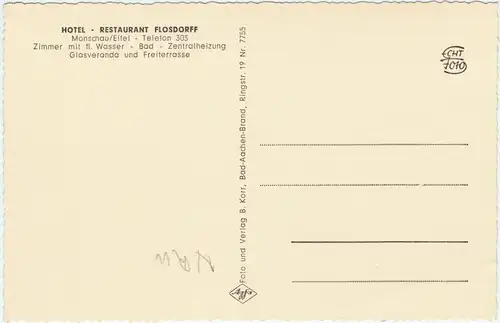 Monschau/Eifel bis 1918 Montjoie Hotel-Restaurant Flosdorff - Autos 1965