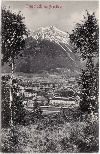 Innsbruck Panorama durch Bäume mit Brandjoch 1909