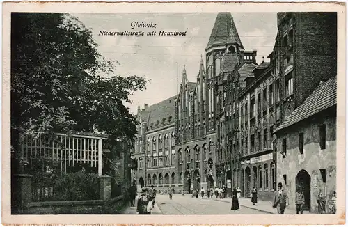 Gleiwitz Gliwice Niederwallstraße mit Hauptpost 1921