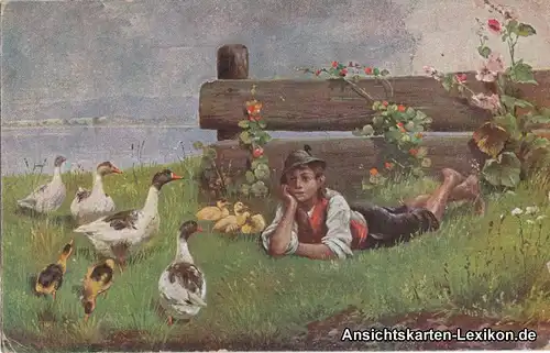 Gänsehirte - Gänse Wiese Künstler Ansichtskarte 1928