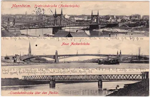 Mannheim 3 Bild Friedrichsbrücke, Neue Neckarbrücke und Eisenbahnbrücke 1909