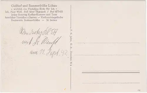 Lübau-Rabenau Gasthof und Sommerfrische Lübau 1942