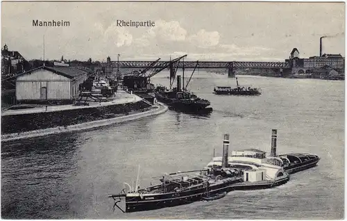Mannheim Hafen - Dampfschiff und Verladekrähne 1918