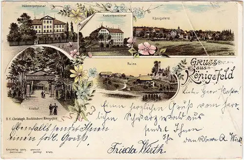 Königsfeld (Eifel) Litho: Pensionate, Ruine, Panorama und Kirchhof 1897
