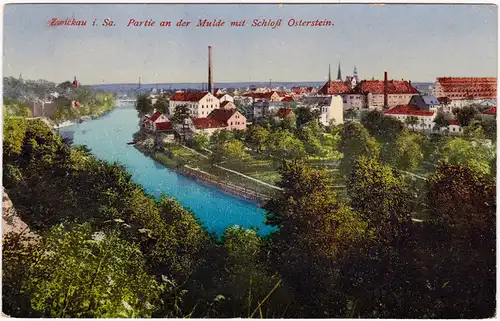 Zwickau Blick auf die Mulde Fabrikanlagen 1914