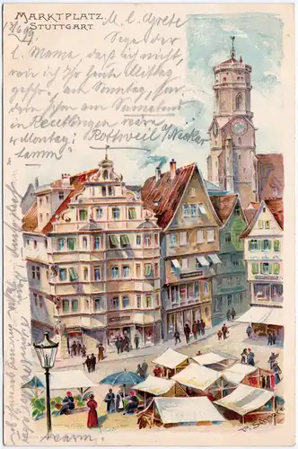 Stuttgart Marktplatz - Künstlerkarte 1899